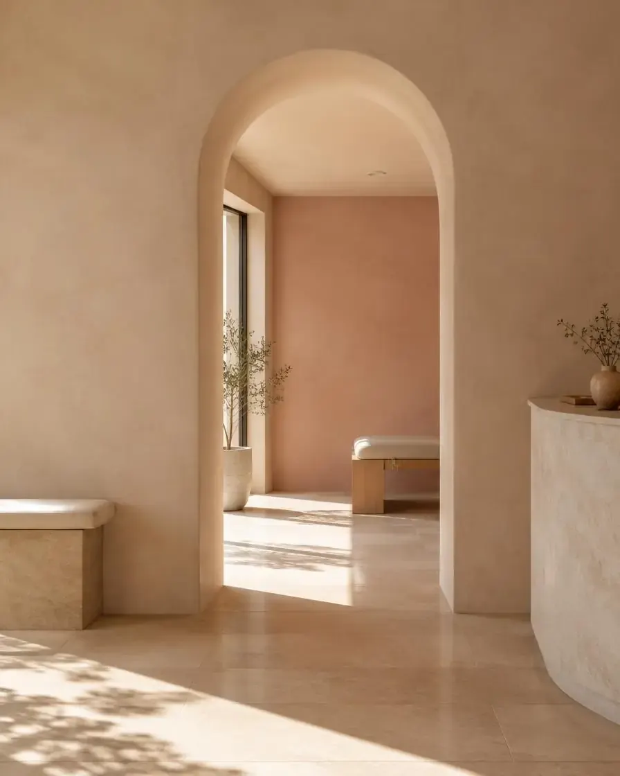 An arched doorway with warm light on a stone floor