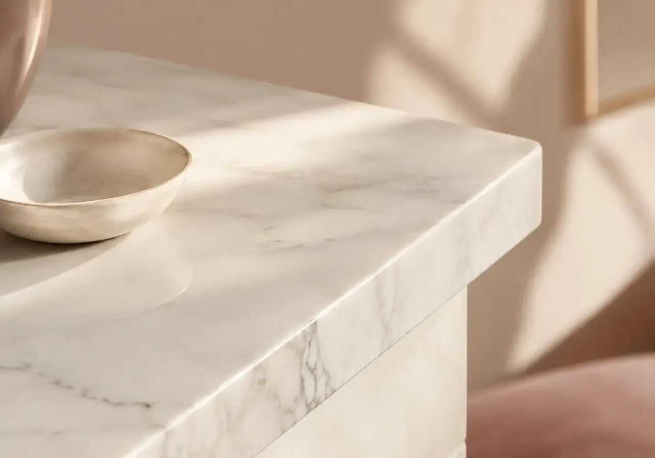 A marble counter edge with a ceramic dish