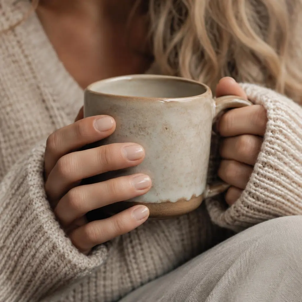 Hands wrapped around a warm ceramic mug