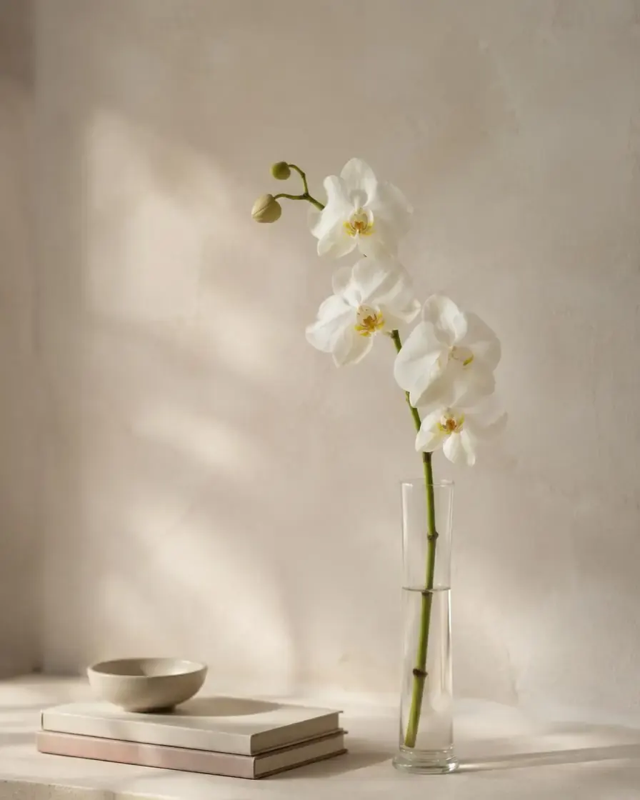 A single white orchid in a slim glass vase