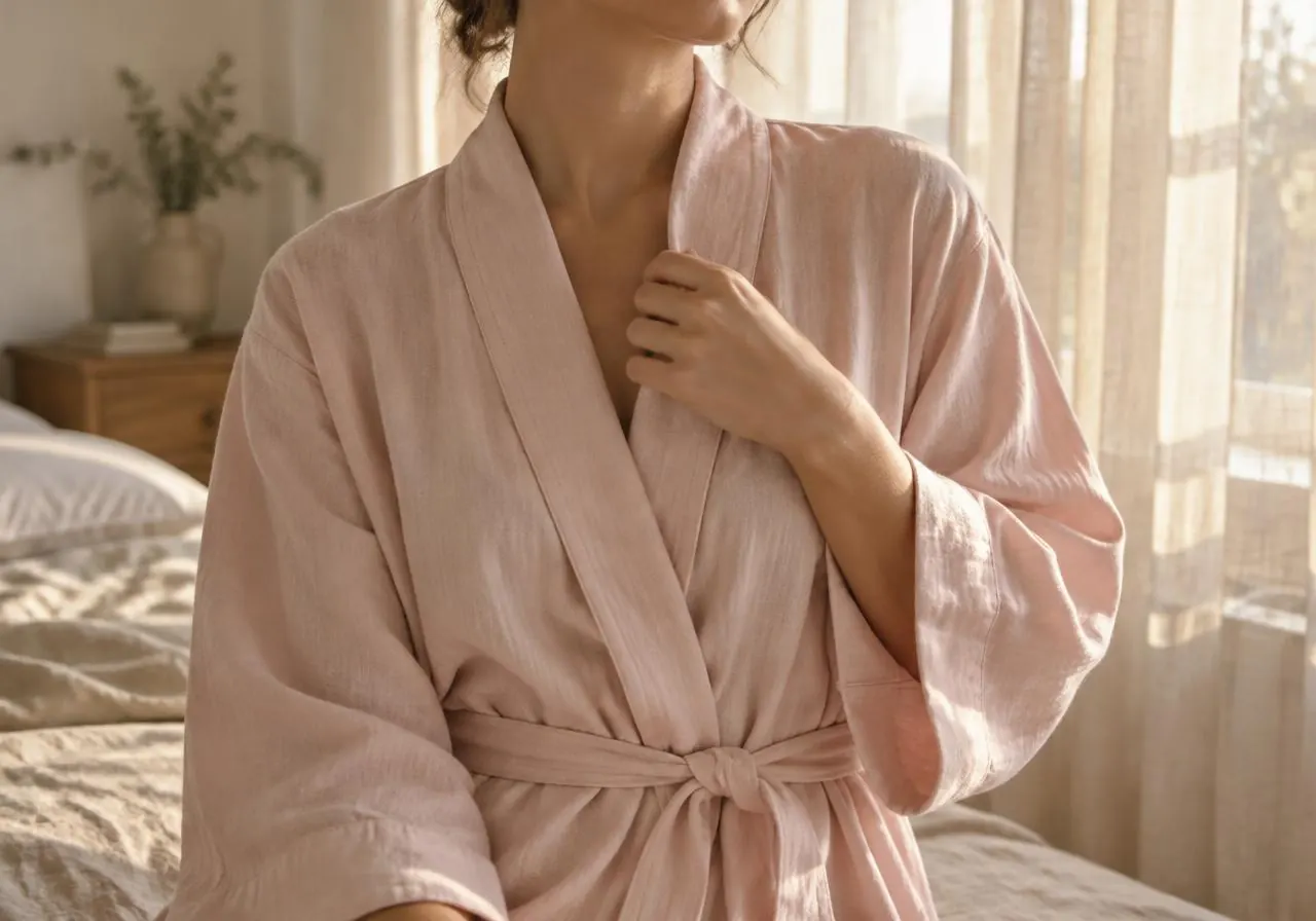 Woman adjusting a pale blush robe