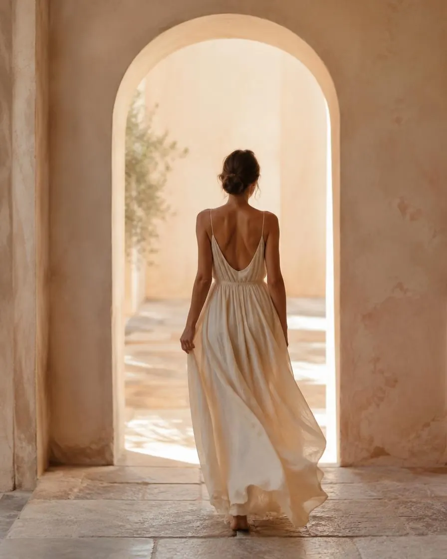 Woman walking through a bright arched doorway