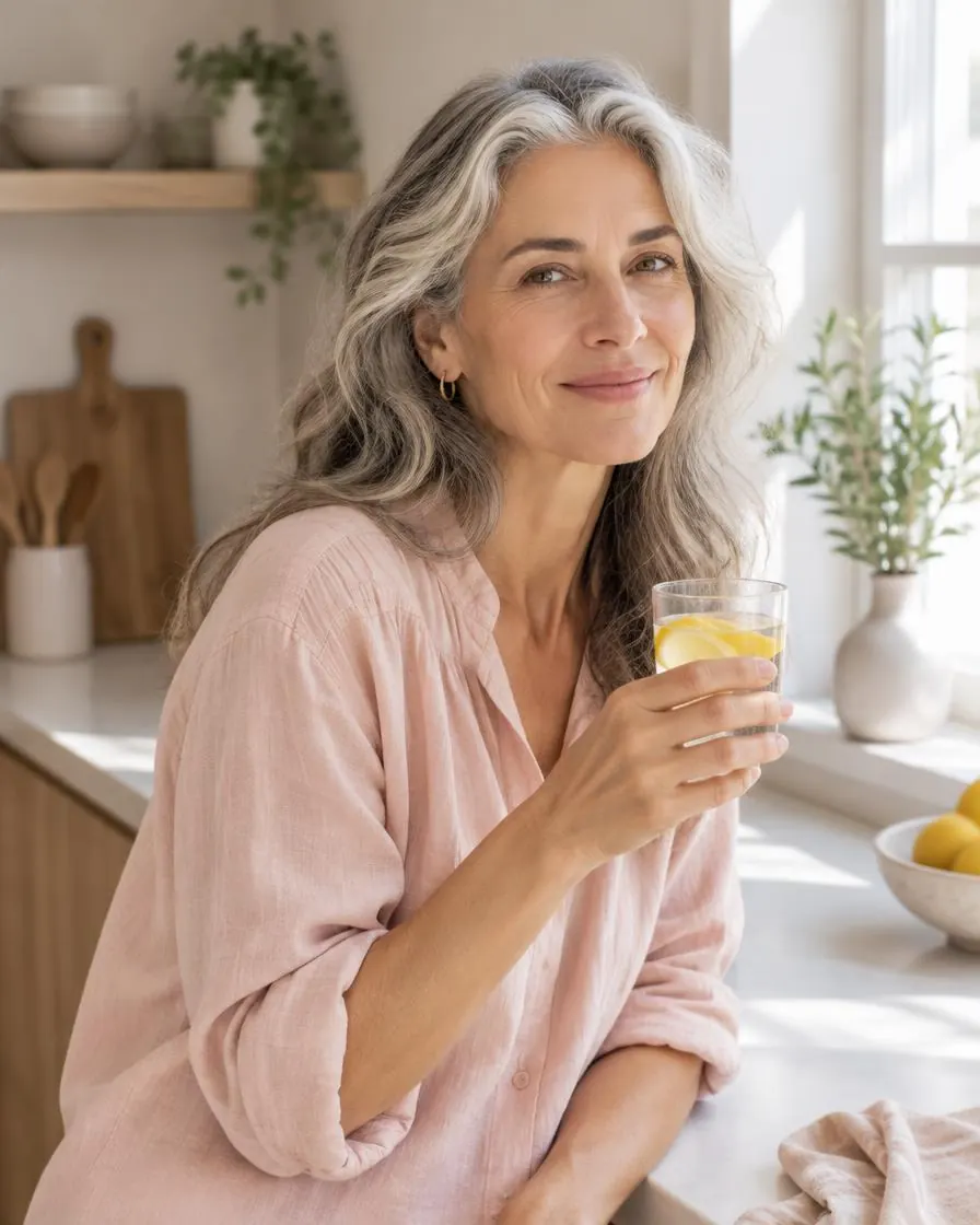 Woman holding a glass of lemon water in a sunlit kitchen